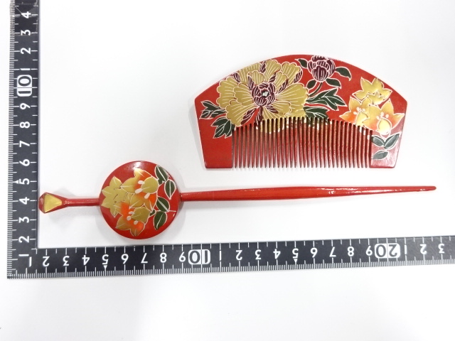  アンティーク　漆塗り蒔絵　櫛・簪セット